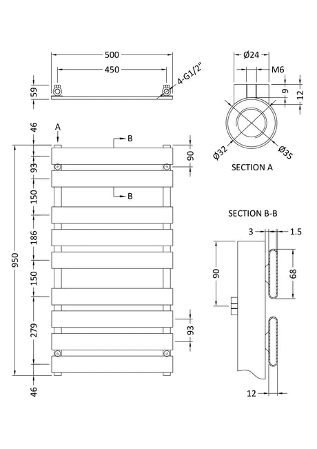 Nuie Piazza Horizontal Heated Towel Rail – 950 x 500mm, 1200 x 500mm & 1213 x 500mm, photo 5