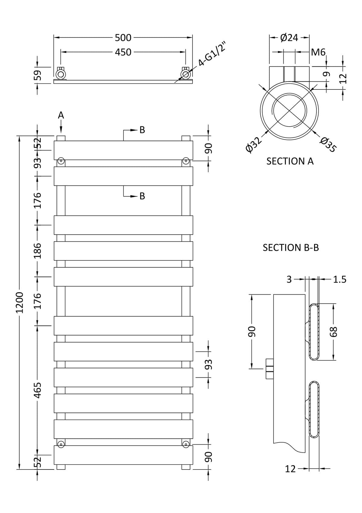 Nuie Piazza Horizontal Heated Towel Rail – 950 x 500mm, 1200 x 500mm & 1213 x 500mm, photo 6