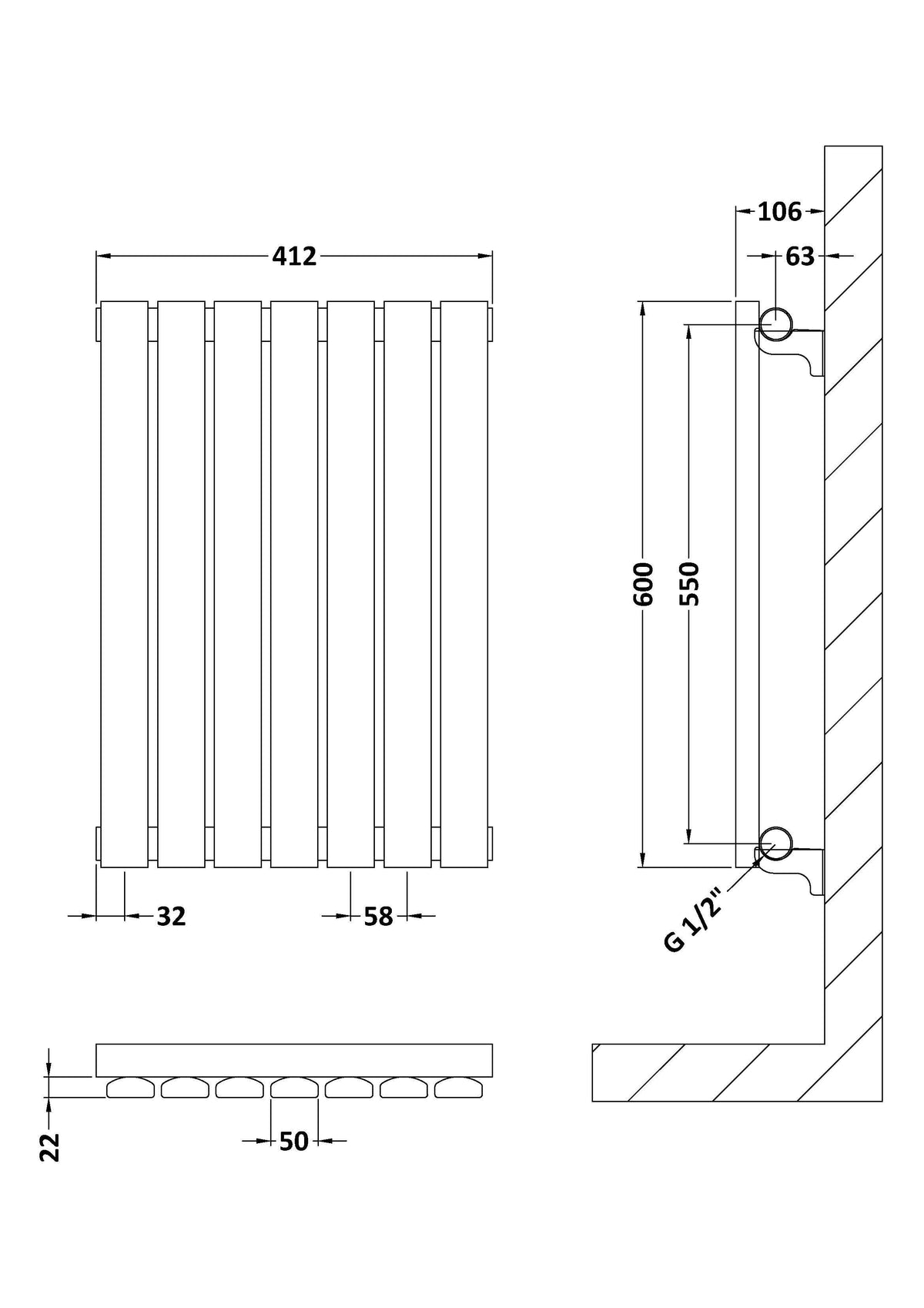 Nuie Sloane Horizontal Single Panel Radiator – 600 x 412mm, 600 x 586mm & 992 x 600mm, photo 4