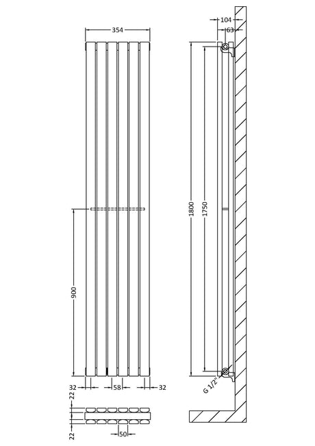 Nuie Sloane Vertical Double Panel Radiator – 1500 x 354mm, 1800 x 354mm, 1800 x 381mm & 1800 x 528mm, photo 6