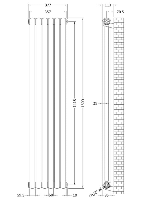 Nuie Salvia Vertical Single Panel Radiator – 1500 x 377mm & 1500 x 383mm, photo 4