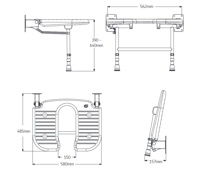 AKW 4000 Series Extra Wide Horseshoe Grey Padded Wall Mounted Shower Seat With Support Legs (04220P)
