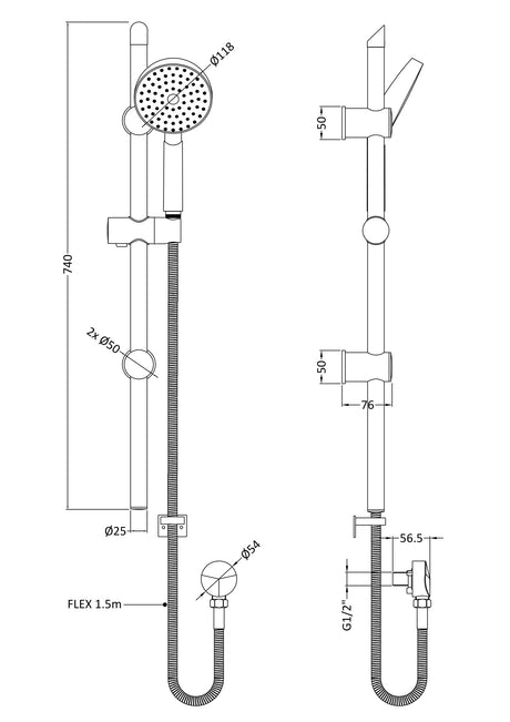 Nuie Shower Slide Rail Kit – 740mm High – Chrome, photo 2