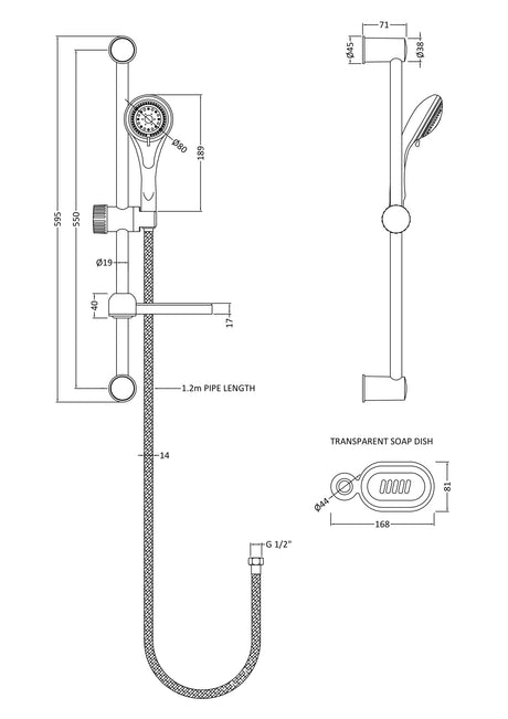 Nuie Shower Slide Rail Kit – 595mm High – Chrome, photo 2
