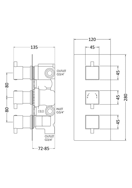 Nuie Triple Thermostatic Shower Valve With Diverter – Chrome, photo 2