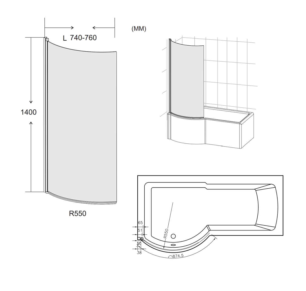 Kartell K-VIT Koncept P Shaped Shower Bath Screen 6mm (KONCS)