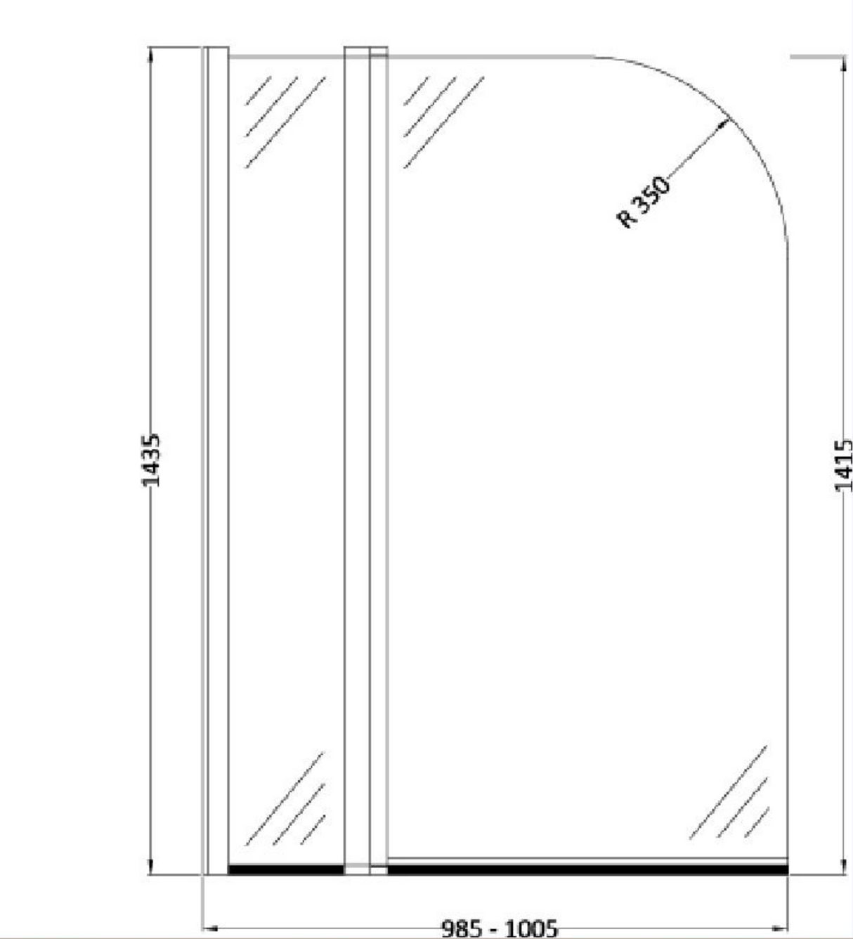 Kartell K-VIT Koncept 1400x1000mm Straight Bath Screen with Radius Edge and Extension Panel 6mm (KONSS1)