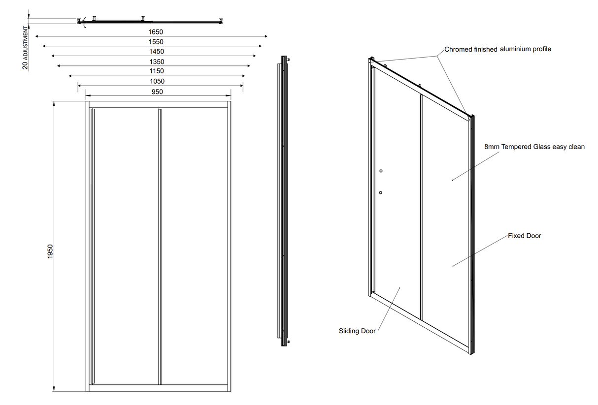 Kartell KV8 1100mm Sliding Shower Door  (EIGHT1100SD)