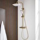 Kartell K-VIT Kolt Option 1 thermostatic bar shower with overhead drencher and sliding handset in Brushed Brass