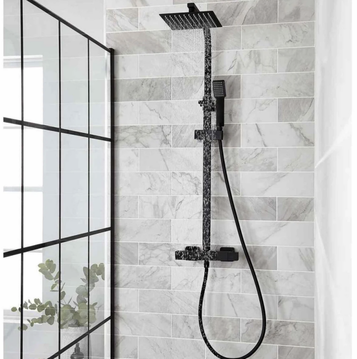 Kartell K-VIT Nero Square Option 1 Thermostatic Exposed Bar Shower with Overhead Drencher & Sliding Handset- Matt Black (SHO050NS)