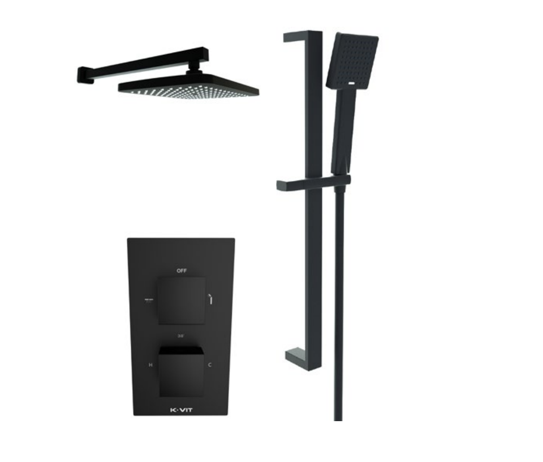 Kartell K-VIT Nero Square Option 4 Thermostatic Concealed Shower with Diverter, Slide Rail Kit & Fixed Overhead Drencher- Matt Black (SHO049NS-SHO058NS-SHO089NS-SHO056NS)