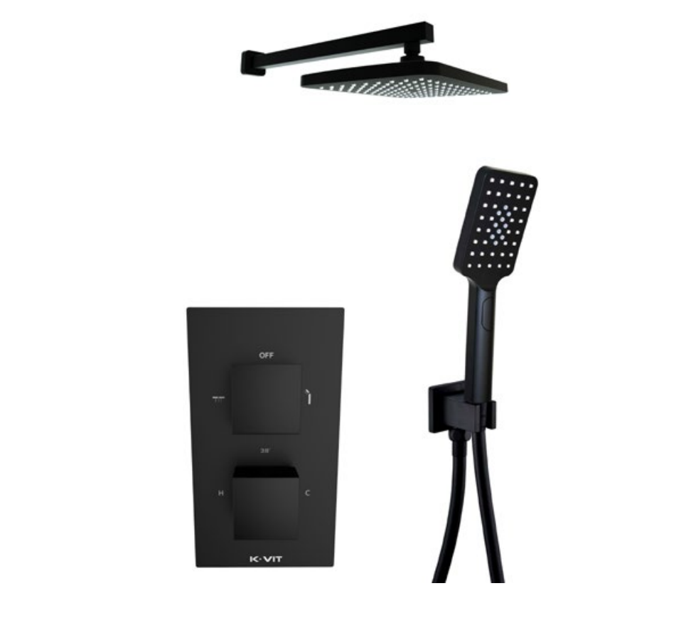 Kartell K-VIT Nero Square Option 5 Thermostatic Concealed Shower with Diverter, Handshower &Fixed Overhead Drencher- Matt Black (SHO049NS-SHO056NS-SHO1089NS)