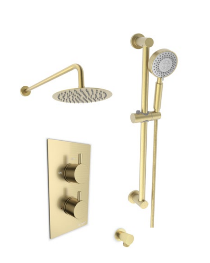 Kartell K-VIT Ottone Option 4 Thermostatic Concealed Shower with Adjustable Slide Rail Kit and Fixed Overhead Drencher- Gold (SHO142OT-SHO144OT-SHO143OT-SHO145OT)