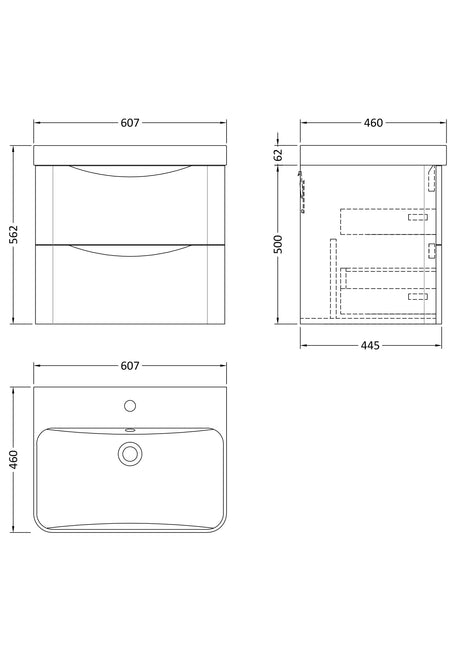 Nuie Lunar 2 Drawer Wall Hung Vanity Unit With Basin – 600mm & 800mm, photo 9