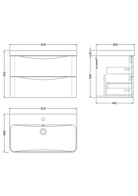 Nuie Lunar 2 Drawer Wall Hung Vanity Unit With Basin – 600mm & 800mm, photo 10