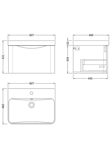 Nuie Lunar 1 Drawer Wall Hung Vanity Unit With Basin – 600mm & 800mm, photo 9
