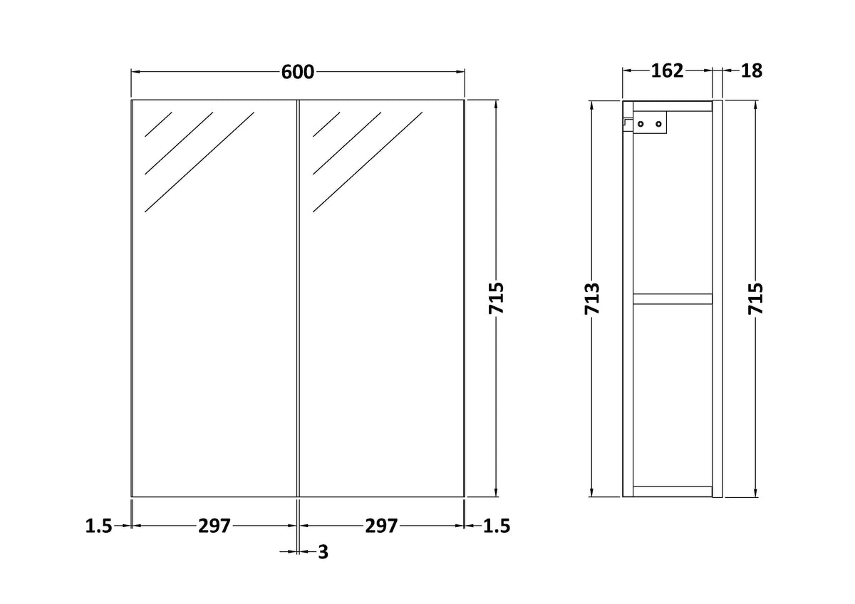Nuie Athena 600mm 2 Door Wall Hung Mirror Cabinet (50/50) – Gloss Grey, photo 2