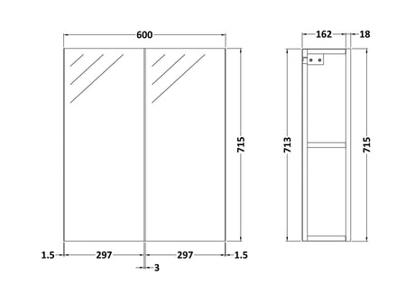 Nuie Athena 600mm 2 Door Wall Hung Mirror Cabinet (50/50) – Gloss Grey, photo 2