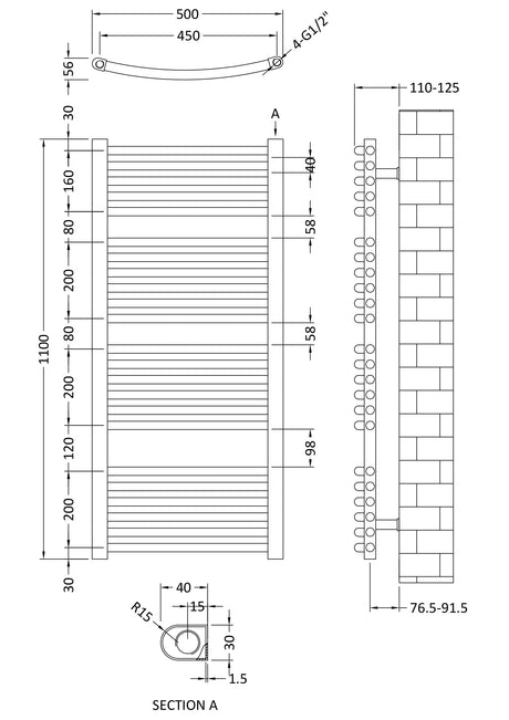 Nuie Vertical Curved Ladder Rail – 700 x 500mm, 1100 x 500mm & 1150 x 500mm, photo 6