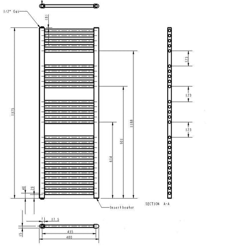 Nuie Vertical Electric Heated Towel Rail – 720 x 400mm, 920 x 480mm & 1375 x 480mm, photo 7