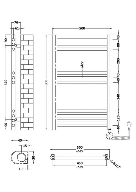 Nuie Vertical Electric Heated Towel Rail – 800 x 500mm & 1200 x 500mm, photo 6