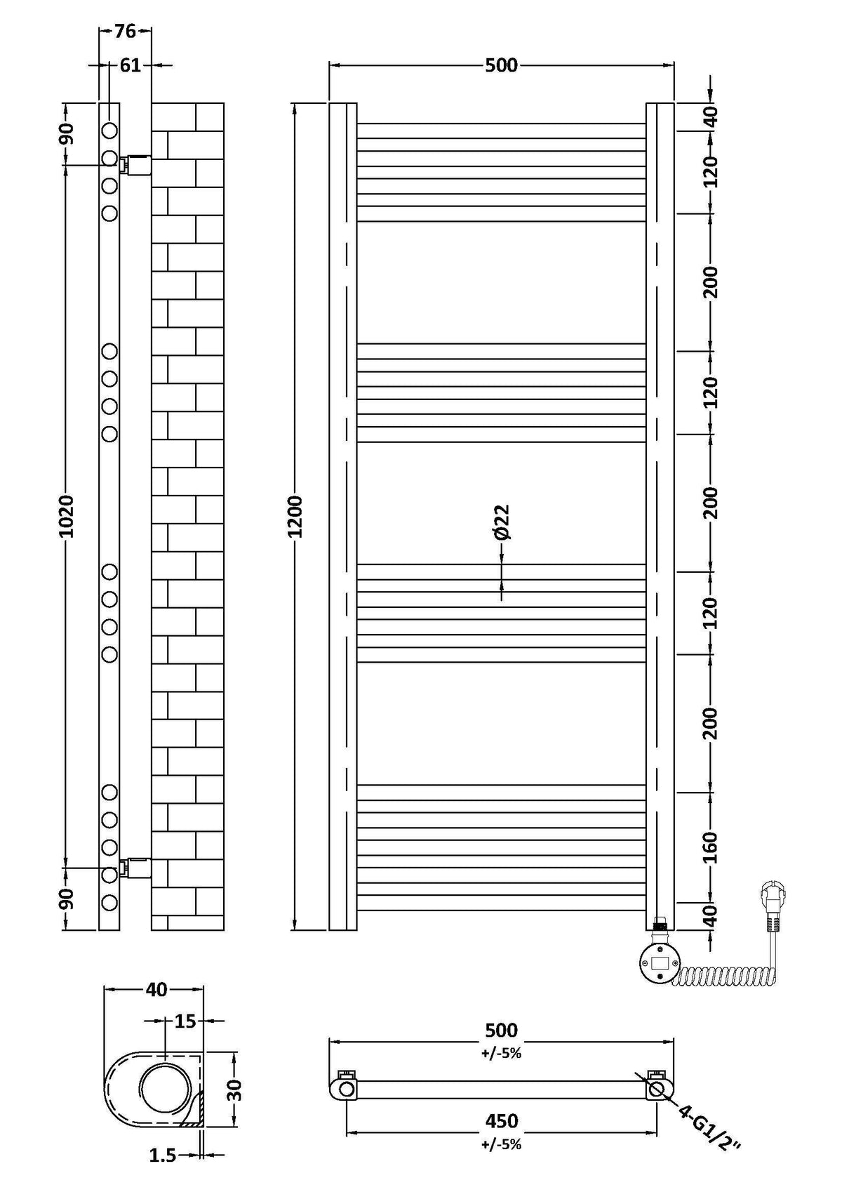 Nuie Vertical Electric Heated Towel Rail – 800 x 500mm & 1200 x 500mm, photo 7