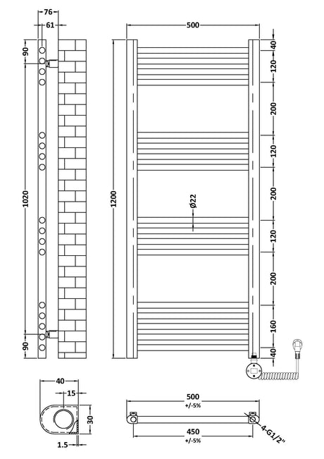 Nuie Vertical Electric Heated Towel Rail – 800 x 500mm & 1200 x 500mm, photo 7