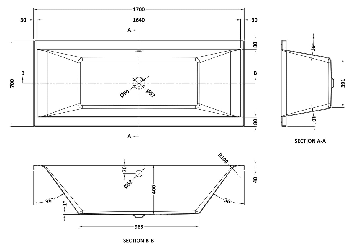 Nuie Asselby Square Double Ended Bath With Legs – 1700 x 700mm, 1700 x 750mm & 1800 x 800mm, photo 3
