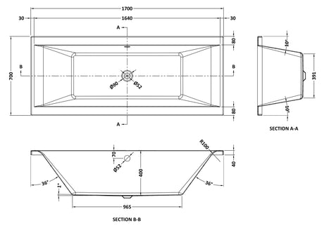 Nuie Asselby Square Double Ended Bath With Legs – 1700 x 700mm, 1700 x 750mm & 1800 x 800mm, photo 3