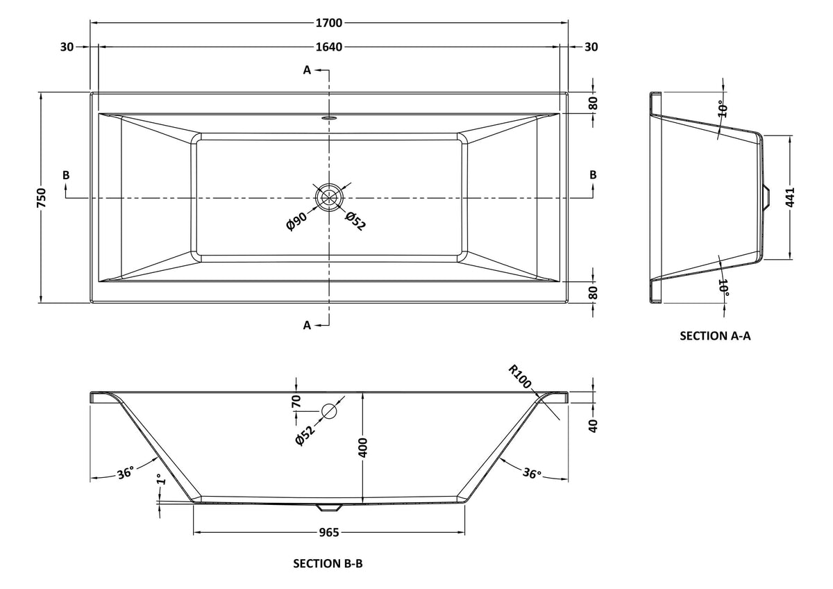 Nuie Asselby Square Double Ended Bath With Legs – 1700 x 700mm, 1700 x 750mm & 1800 x 800mm, photo 4