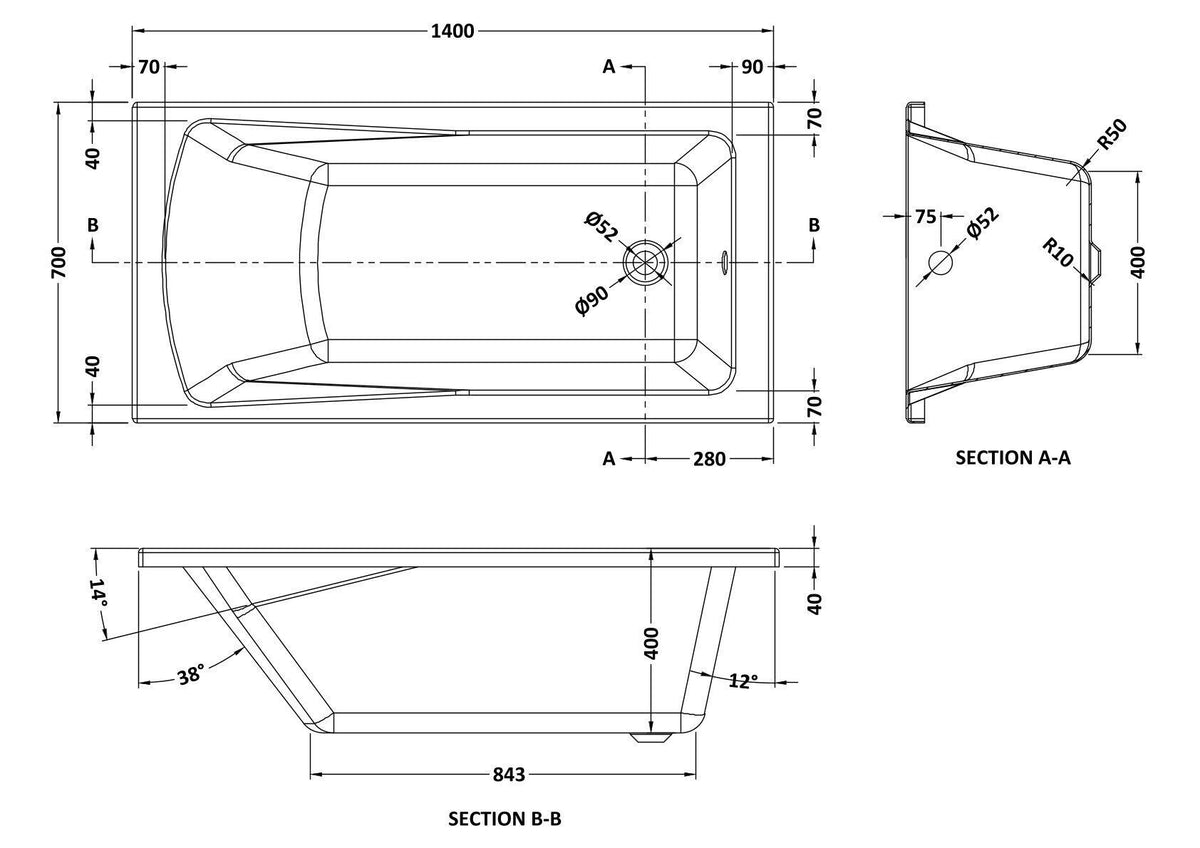 Nuie Linton Square Single Ended Bath With Legs – 1400 x 700mm, 1600 x 700mm, 1700 x 700mm, 1700 x 750mm & 1800 x 800mm, photo 3