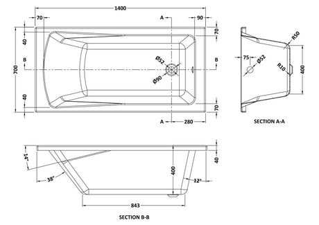 Nuie Linton Square Single Ended Bath With Legs – 1400 x 700mm, 1600 x 700mm, 1700 x 700mm, 1700 x 750mm & 1800 x 800mm, photo 3