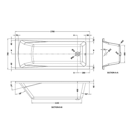Nuie Linton Square Single Ended Bath With Legs – 1400 x 700mm, 1600 x 700mm, 1700 x 700mm, 1700 x 750mm & 1800 x 800mm, photo 5