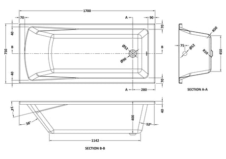 Nuie Linton Square Single Ended Bath With Legs – 1400 x 700mm, 1600 x 700mm, 1700 x 700mm, 1700 x 750mm & 1800 x 800mm, photo 6