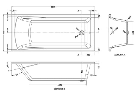 Nuie Linton Square Single Ended Bath With Legs – 1400 x 700mm, 1600 x 700mm, 1700 x 700mm, 1700 x 750mm & 1800 x 800mm, photo 7