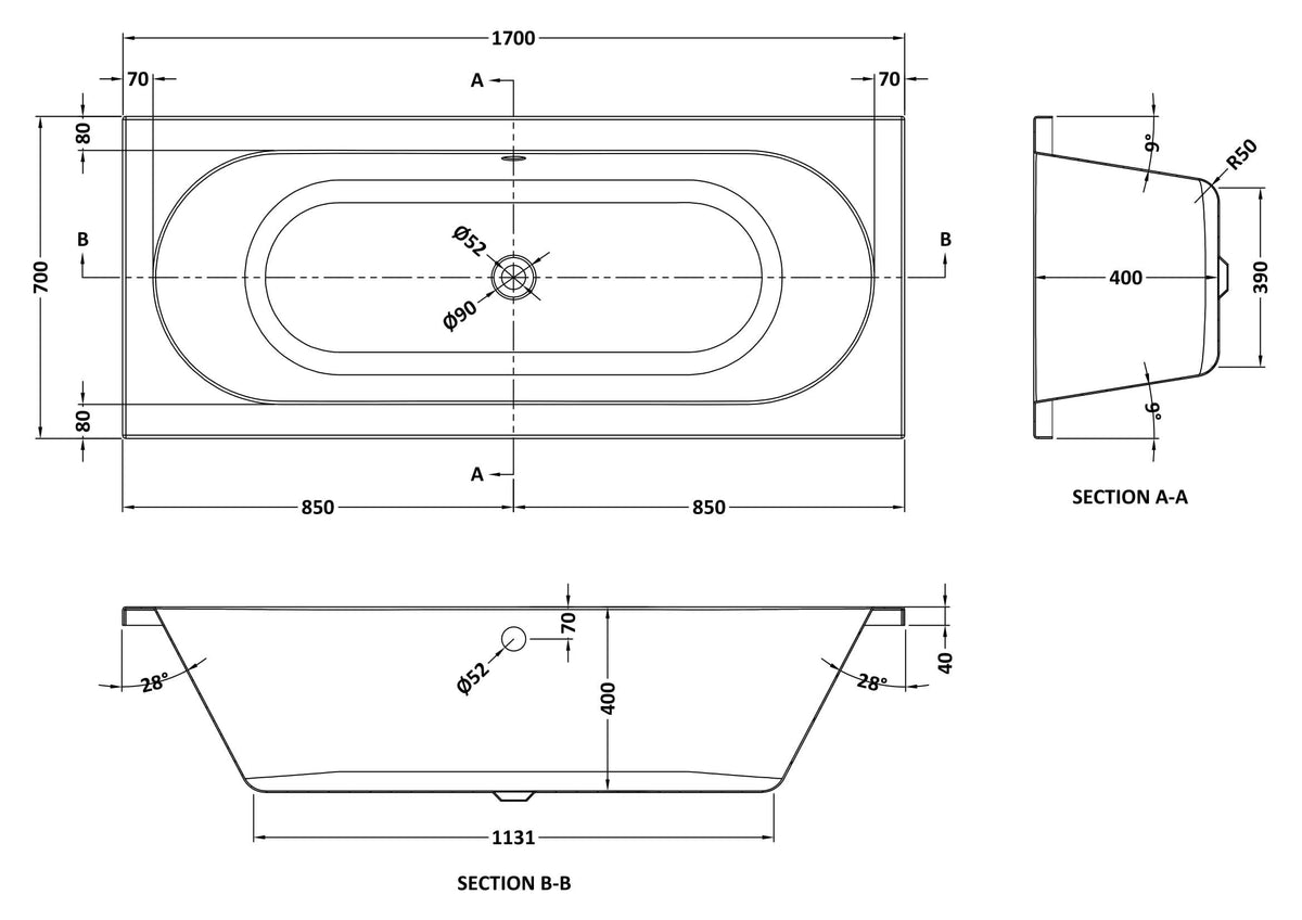 Nuie Otley Round Double Ended Bath With Legs – 1700 x 700mm, 1700 x 750mm & 1800 x 800mm, photo 3