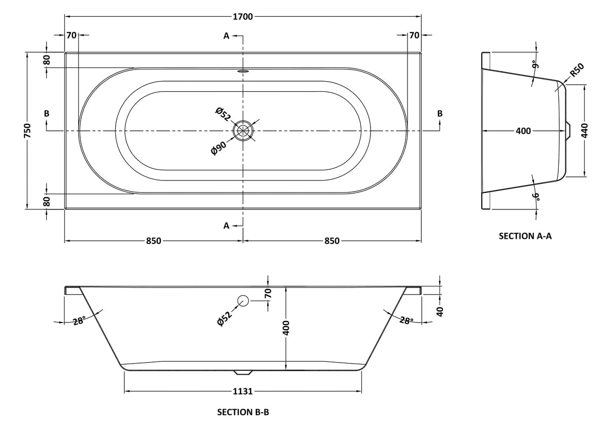 Nuie Otley Round Double Ended Bath With Legs – 1700 x 700mm, 1700 x 750mm & 1800 x 800mm, photo 4