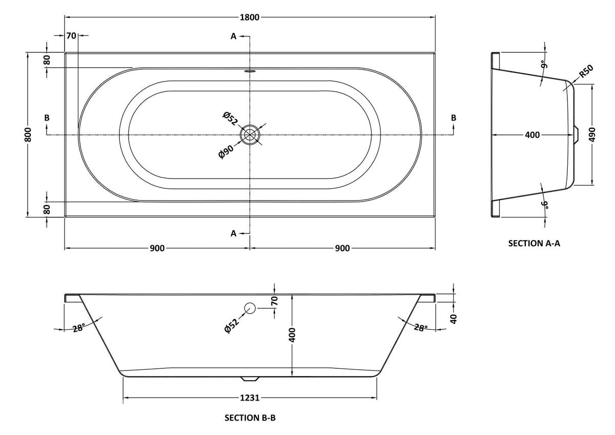 Nuie Otley Round Double Ended Bath With Legs – 1700 x 700mm, 1700 x 750mm & 1800 x 800mm, photo 5