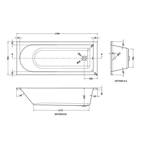 Nuie Barmby Round Single Ended Bath With Legs – 1700 x 700mm, 1700 x 750mm & 1800 x 800mm, photo 3