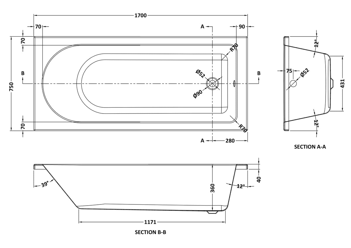 Nuie Barmby Round Single Ended Bath With Legs – 1700 x 700mm, 1700 x 750mm & 1800 x 800mm, photo 4