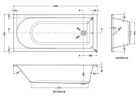 Nuie Barmby Round Single Ended Bath With Legs – 1700 x 700mm, 1700 x 750mm & 1800 x 800mm, photo 4