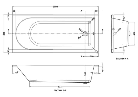 Nuie Barmby Round Single Ended Bath With Legs – 1700 x 700mm, 1700 x 750mm & 1800 x 800mm, photo 5