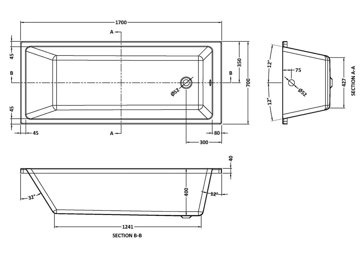 Nuie Linton Thin Edge Square Single Ended Bath With Legs – 1700 x 700mm & 1800 x 800mm, photo 3