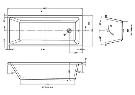Nuie Linton Thin Edge Square Single Ended Bath With Legs – 1700 x 700mm & 1800 x 800mm, photo 3