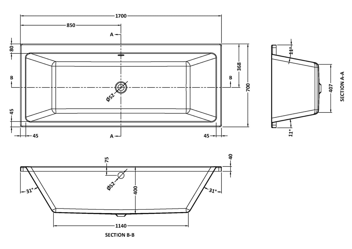 Nuie Asselby Thin Edge Square Double Ended Bath With Legs – 1700 x 700mm & 1800 x 800mm, photo 2