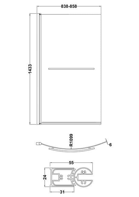 Nuie Curved Bath Screen With Rail – 700mm & 860mm, photo 4