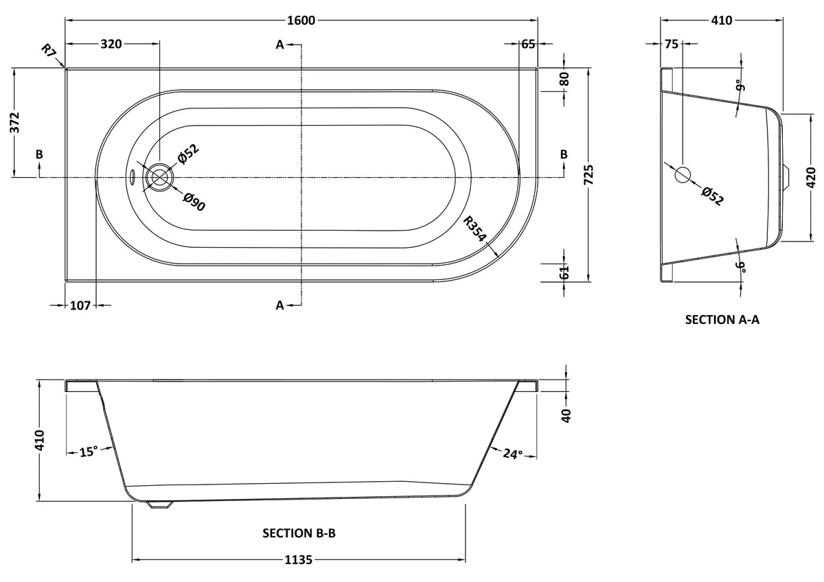 Nuie 1600mm Crescent Curved Corner Bath With Legs – White, photo 3