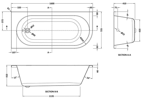 Nuie 1600mm Crescent Curved Corner Bath With Legs – White, photo 3