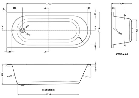 Nuie Crescent 1700mm Curved Corner Bath With Legs – White, photo 4