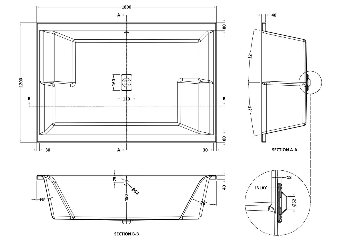 Nuie 1800 x 1200mm Double Ended Inset Spa Bath With Legs – Gloss White, photo 3
